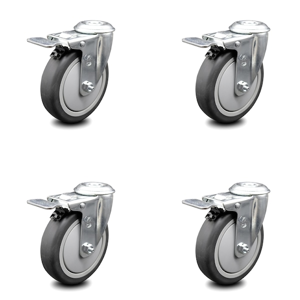 5 Inch Thermoplastic Rubber Swivel Bolt Hole Caster Set with Total Lock Brake
